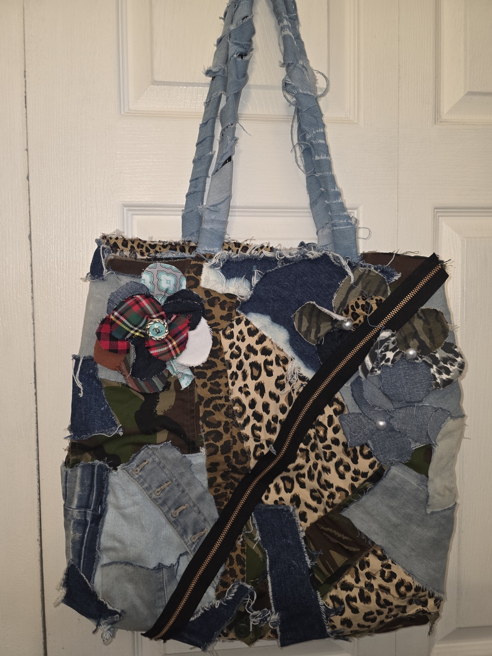 Patchwork Denim and Leopard Print Tote Bag
